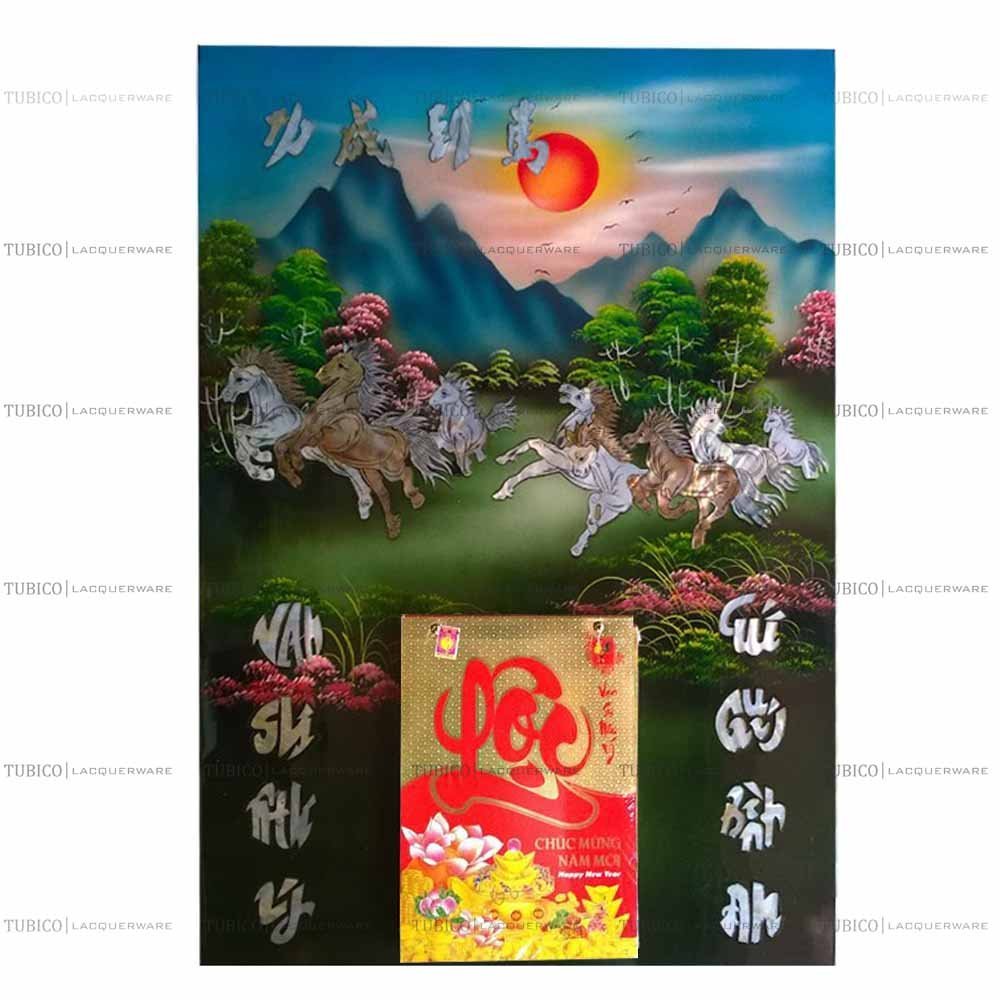 Lịch tranh sơn mài cẩn ốc bát mã truy phong